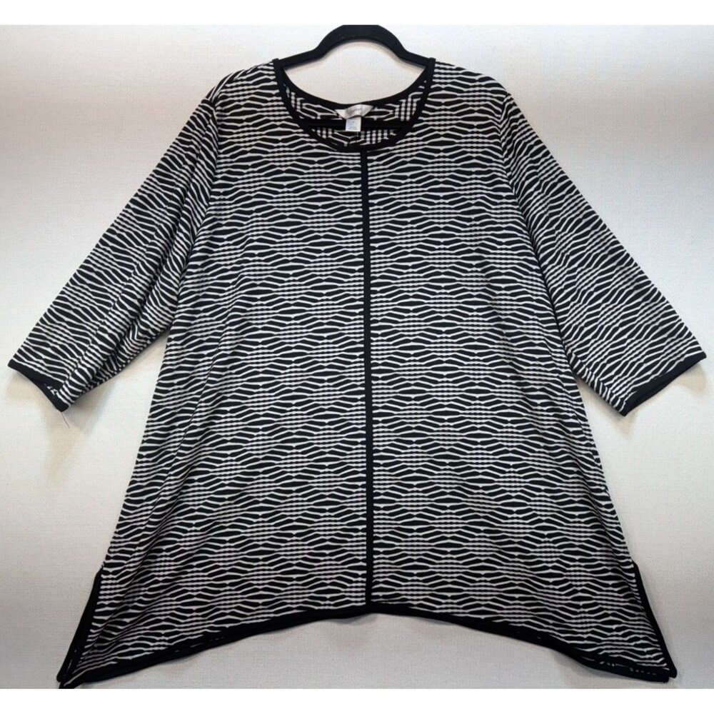 Cj Banks Womens Tunic Top Round Neck Asymmetrical Size 3X Black White 3/4 Sleeve